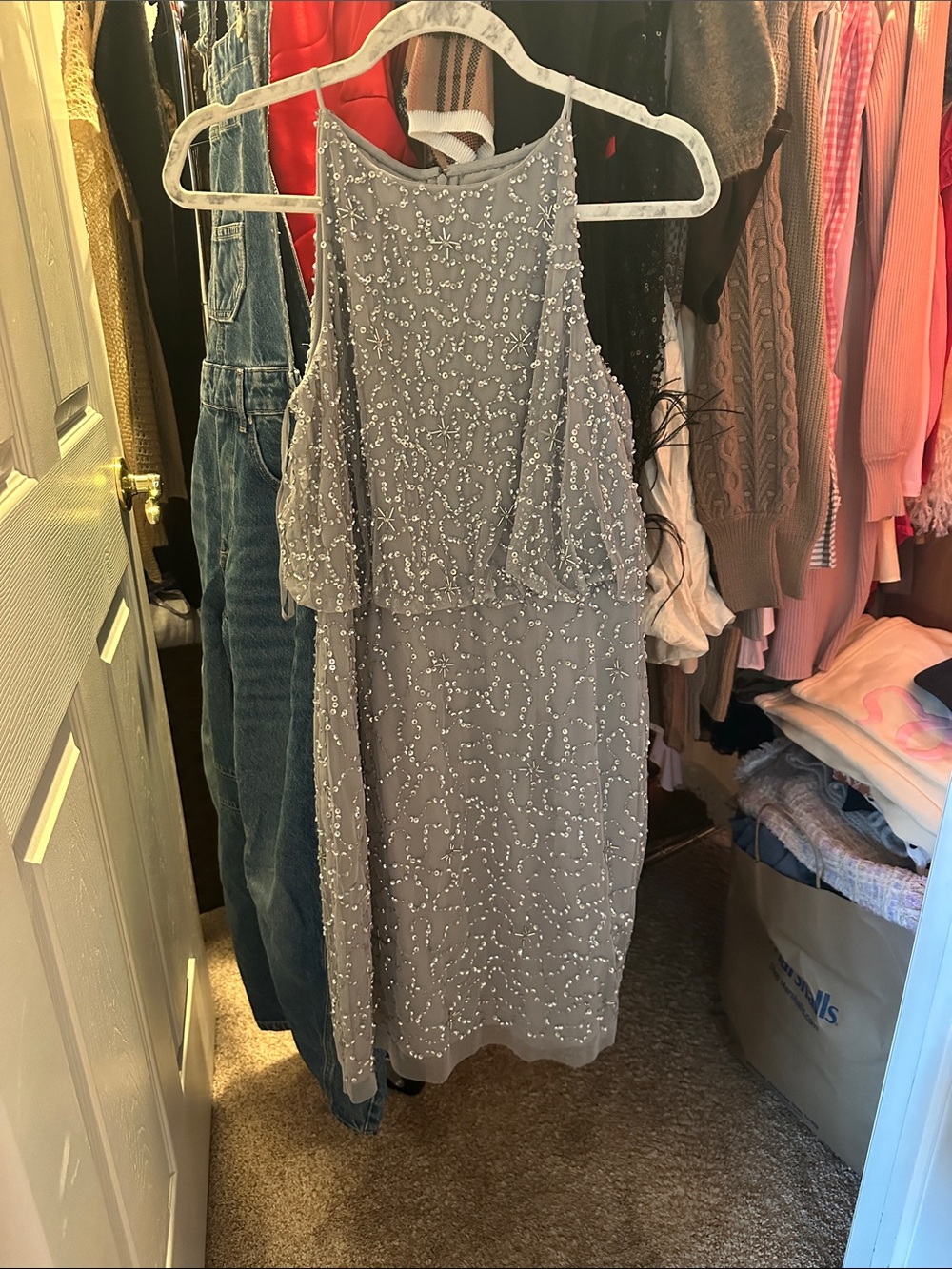 Adrianna Papell Embellished Grey Halter Cocktail Dress